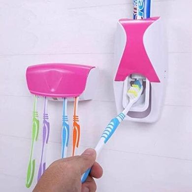 Дозатор для зубной пасты с держателем для щеток, цвет розовый + белый (4425)