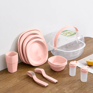 Набор пластиковой посуды для пикника 48 предметов, розовый (4258-2/1)